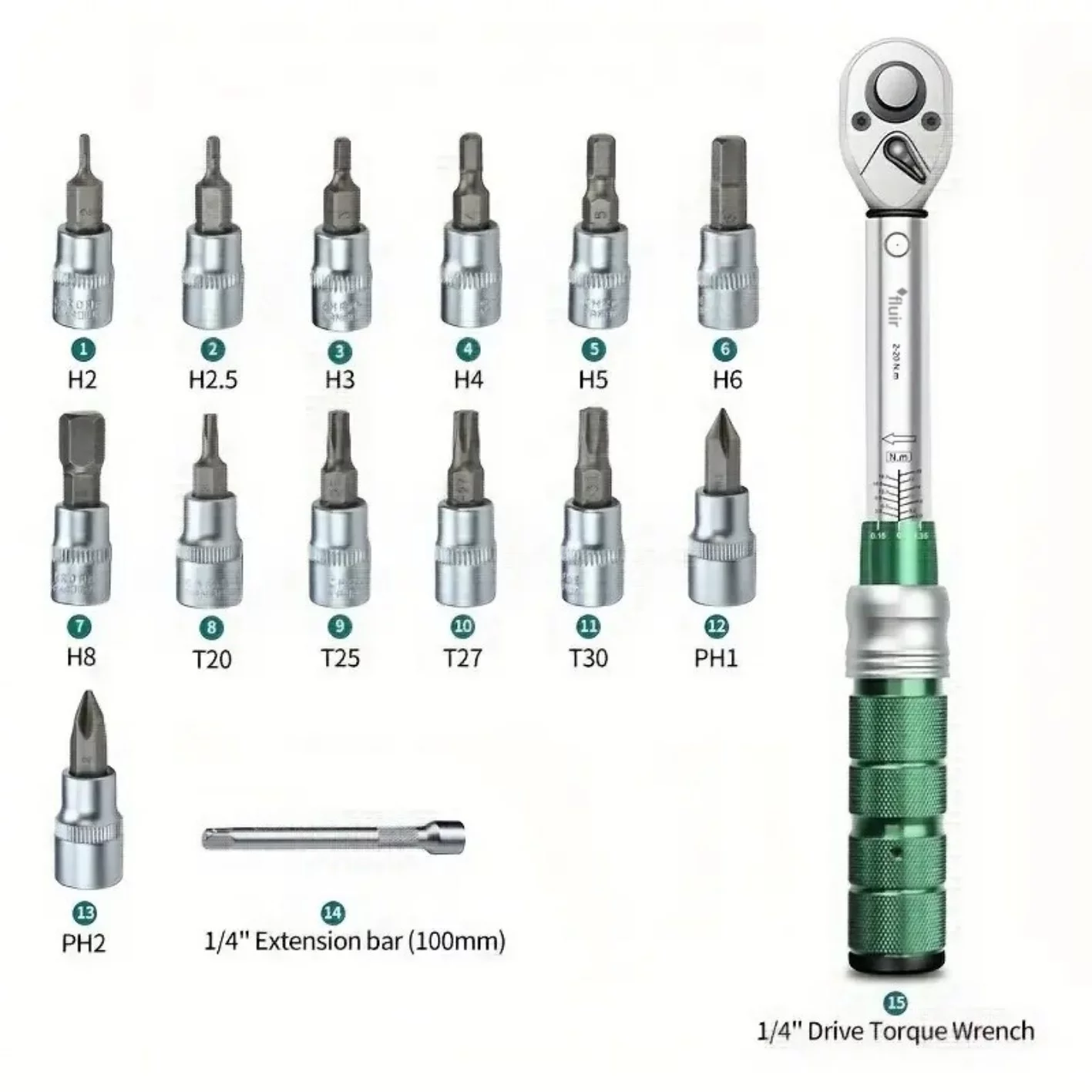 Workshop Torque Wrench Set 15pc 1/4inch 2-20Nm
