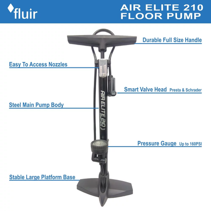 Fluir Bicycle Air Elite 210 Floor Pump with Smart Nozzle and Gauge