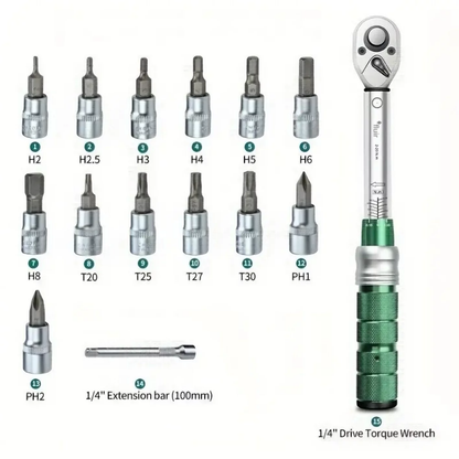 Workshop Torque Wrench Set 15pc 1/4inch 2-20Nm